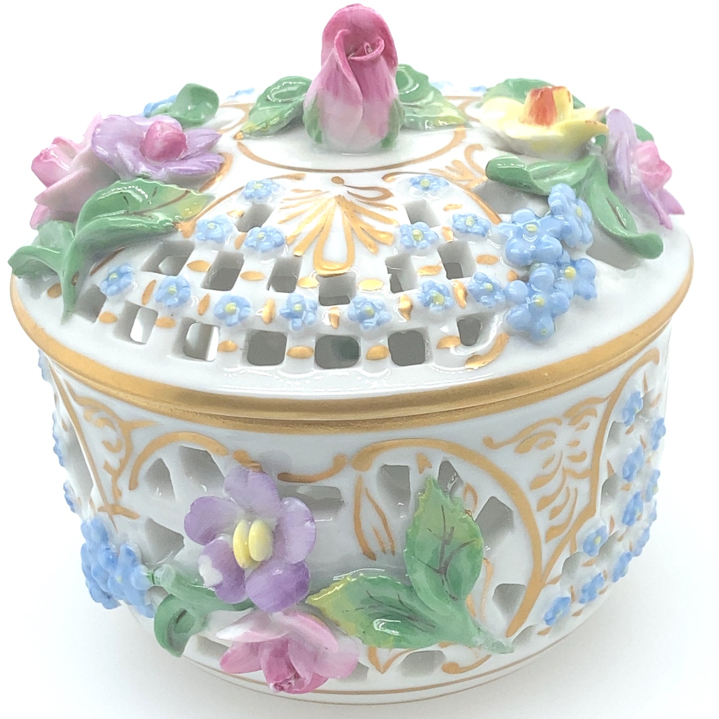 Porcelain figurine from Germany. Jewelry or candy box, hand painted designed with gold.