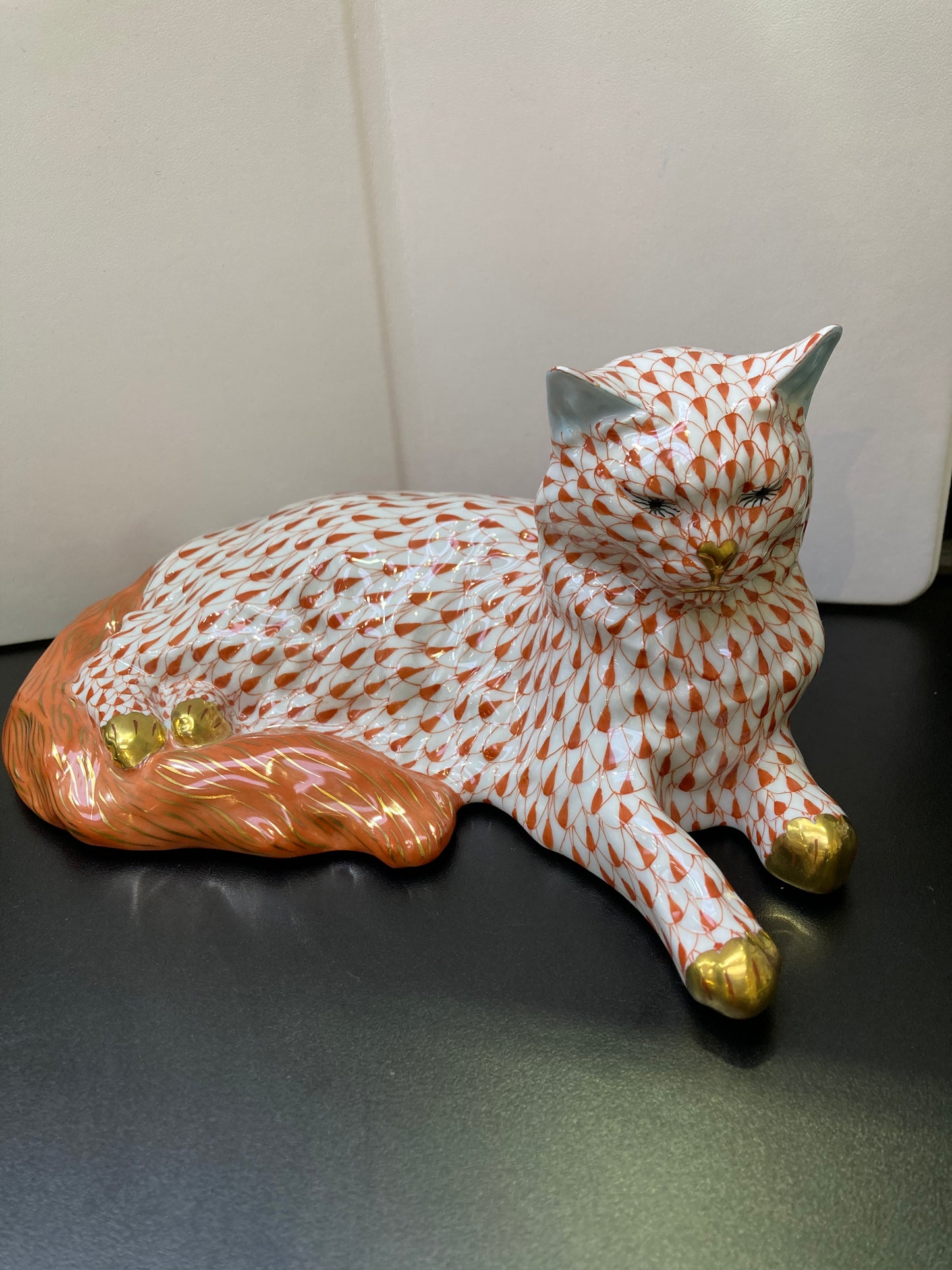 Herend cat porcelain figurine hand painted designed with gold.