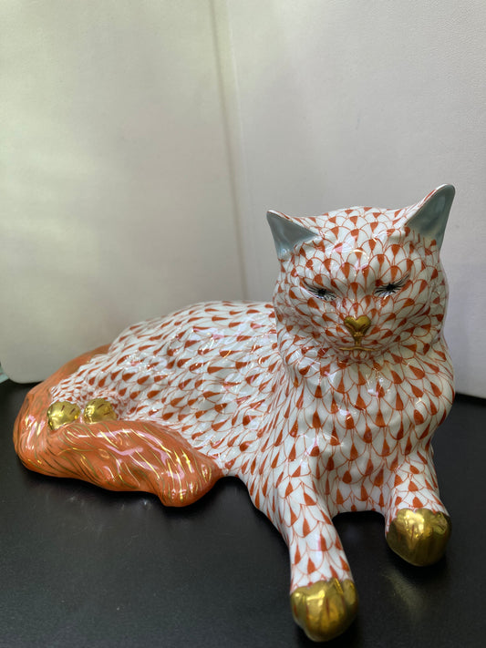 Herend cat porcelain figurine hand painted designed with gold.