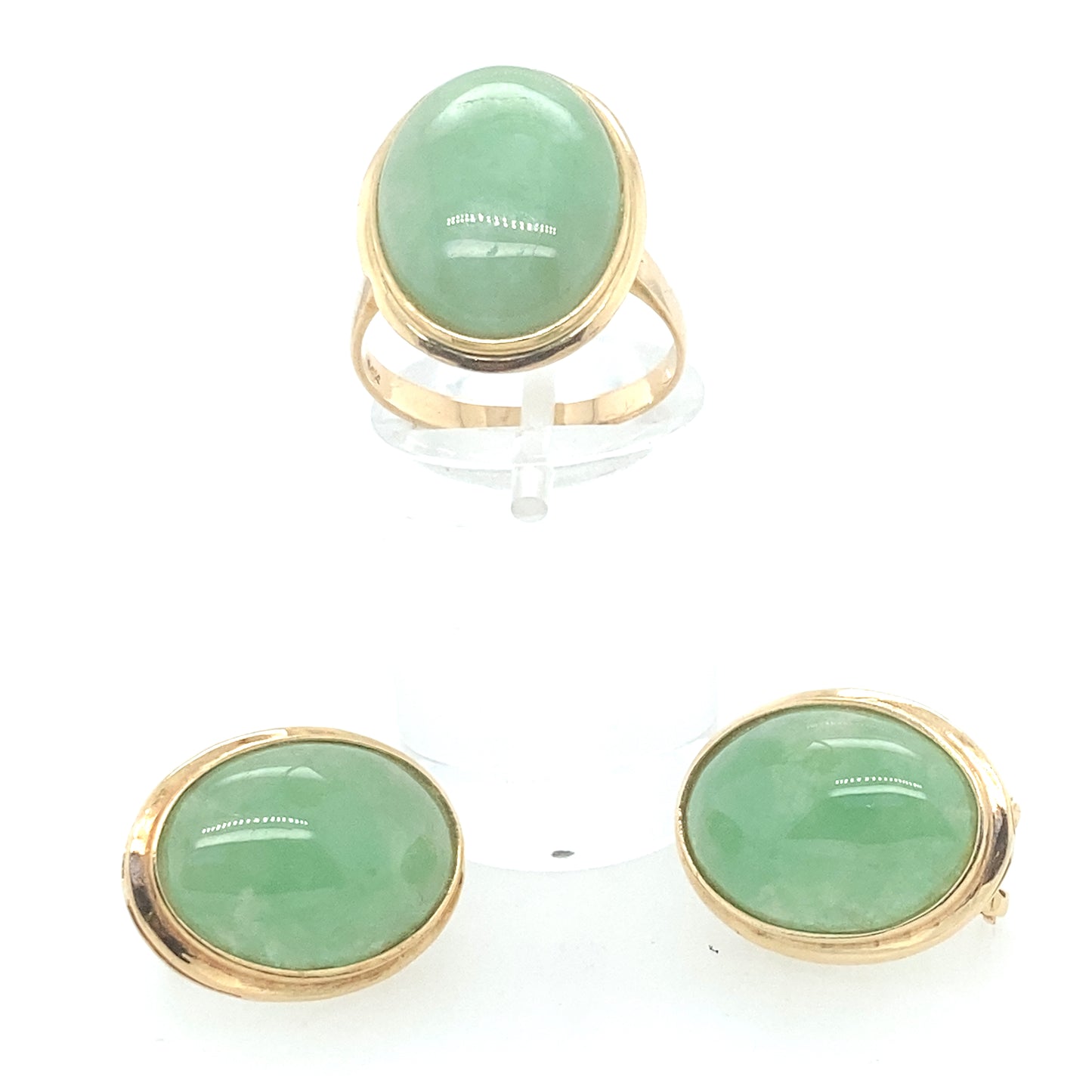 14k yellow gold jade ring and earring set.