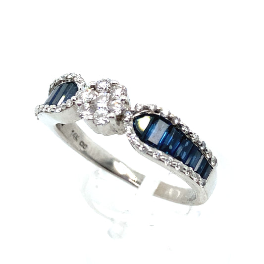 14 k white gold  Engagement Sapphire ring with a beautiful diamond.