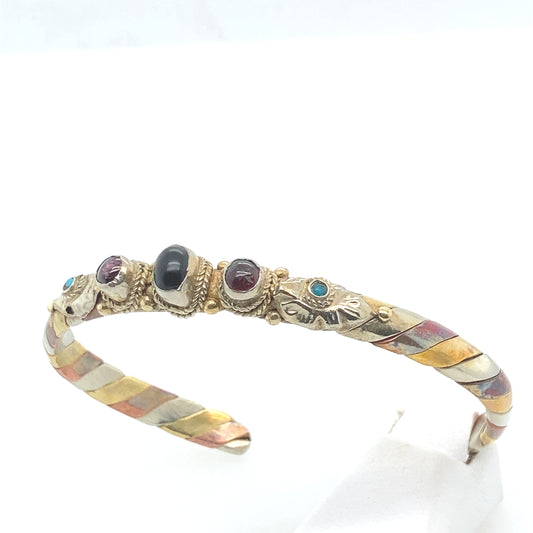 Vintage Sterling Silver 925 bracelet with Gold field. Designed onyx, garnet and turquoise gemstones