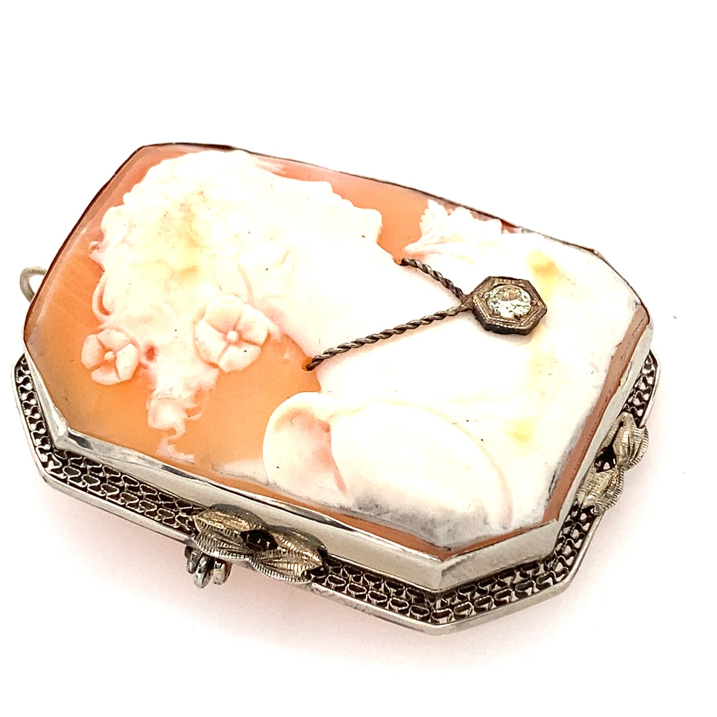 14k white gold Cameo pen and pendant. Ivory, and on the middle have a beautiful Diamond. Vintage piece, art deco.