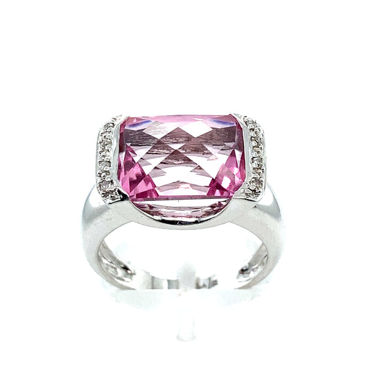 14K White Gold Pink Topaz Diamond Ring