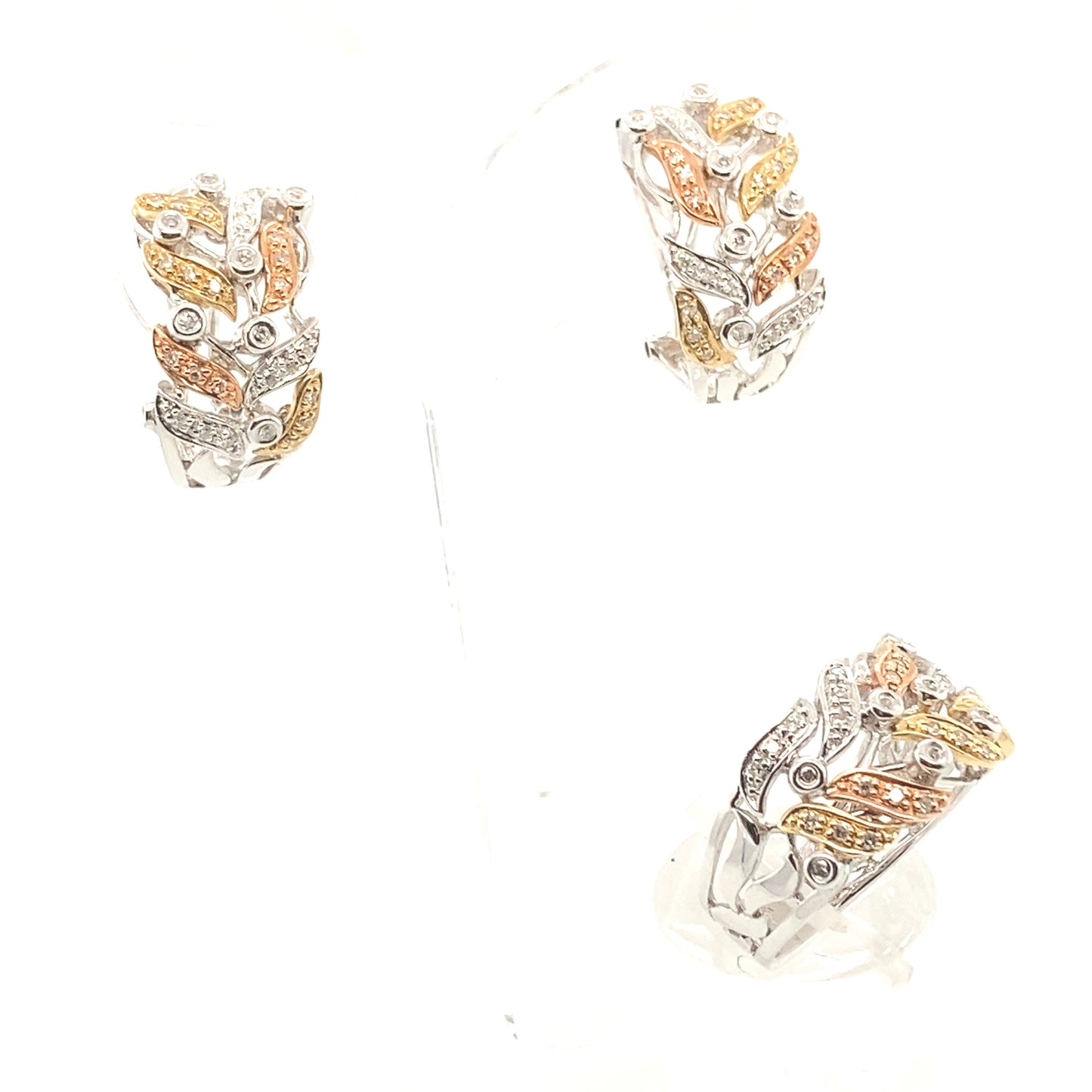 14K 3 tone /white, yellow and Roze gold /earring and ring set with diamonds.