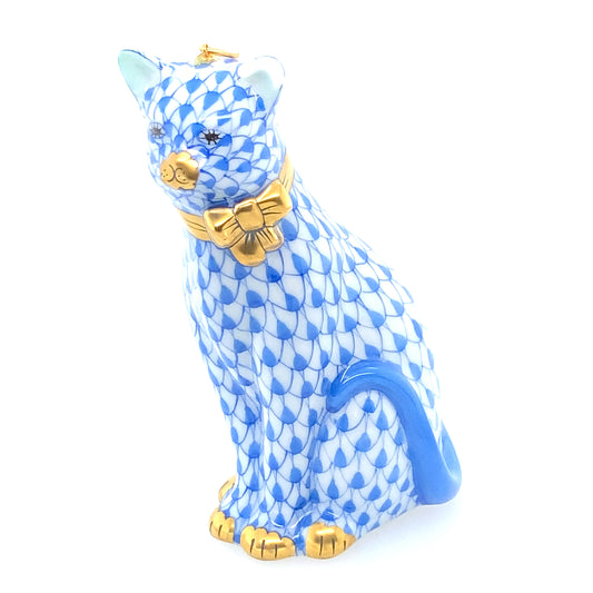 Herend from Hungary porcelain figurine. Blue cat. Hand painted, designed with gold. Could be Christmas ornaments.