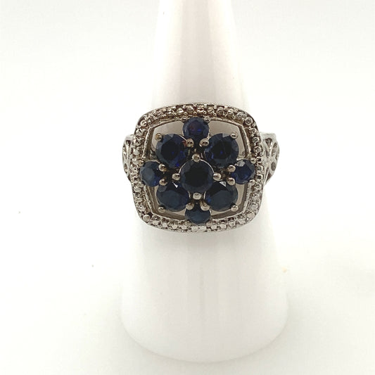 Sterling Silver 925 Rhodium Plated Ring with Sapphire color crystal