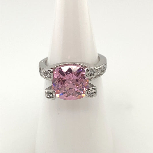 Sterling Silver 925 Rhodium plated Ring with pink color crystal stone