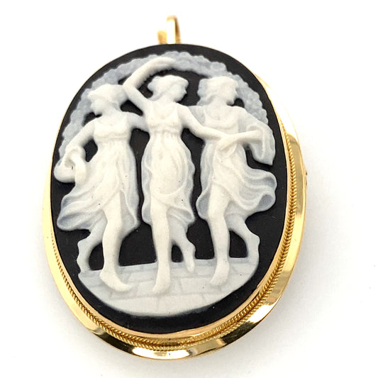 14k yellow gold pendant and pin cameo onyx and ivory mix. Vintage piece, art deco.
