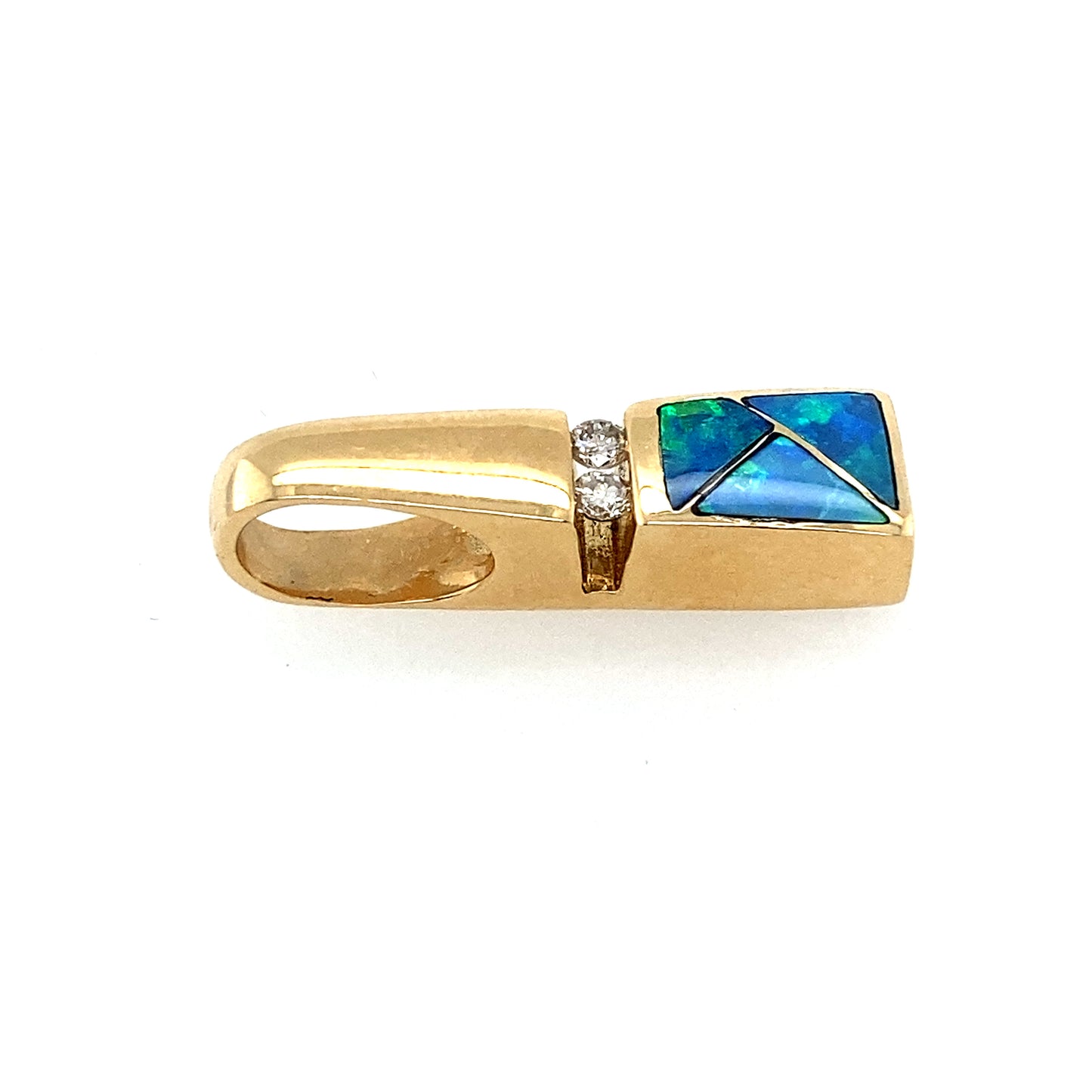 14k gold pendant with blu tone color fire opal stone. Up to the stone 2 pc good quality diamond .