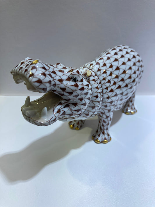 Herend porcelain figurine from Hungary. Hand painted hippopotamus design with gold.