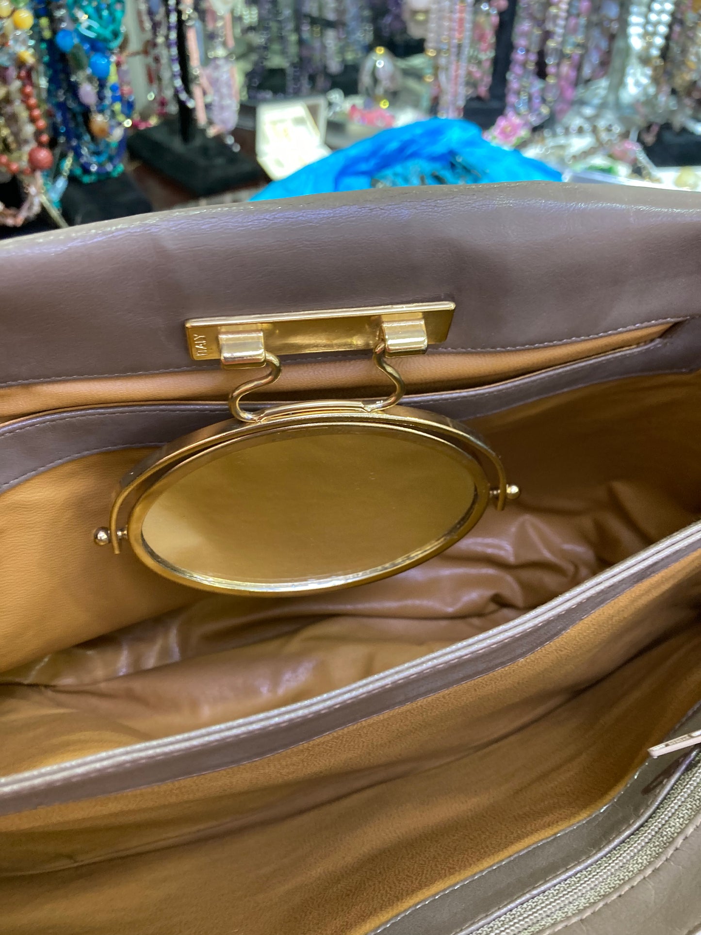 Lou Taylor Designer vintage Handbag leather dark beige color with hand painted
