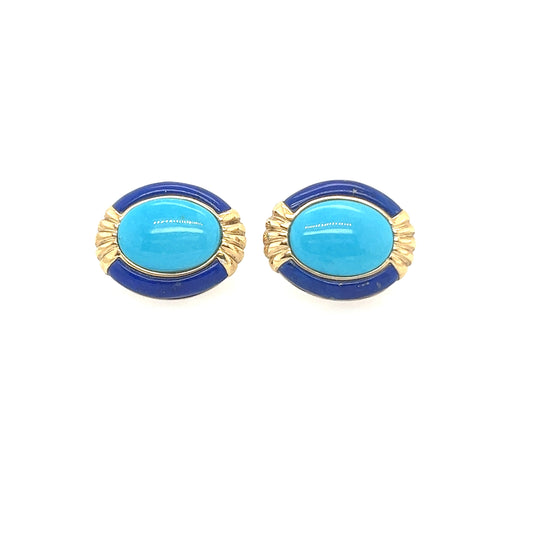 14K Yellow Gold Turquoise Lapis Leverback Earrings