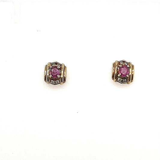 14K Yellow Gold Ruby Diamond Stud Earrings