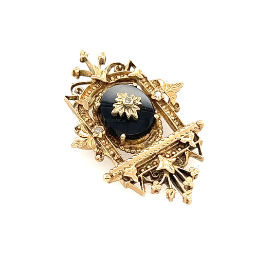 14K Yellow Gold Onyx Diamond Antique Brooch from 1850s’.