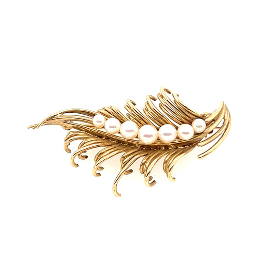 14K Yellow Gold palm leaf shape Brooch, decorated with 7 pieces different size fresh water pearls.