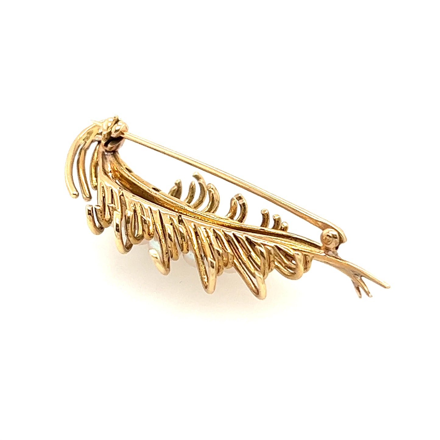 14K Yellow Gold palm leaf shape Brooch, decorated with 7 pieces different size fresh water pearls.