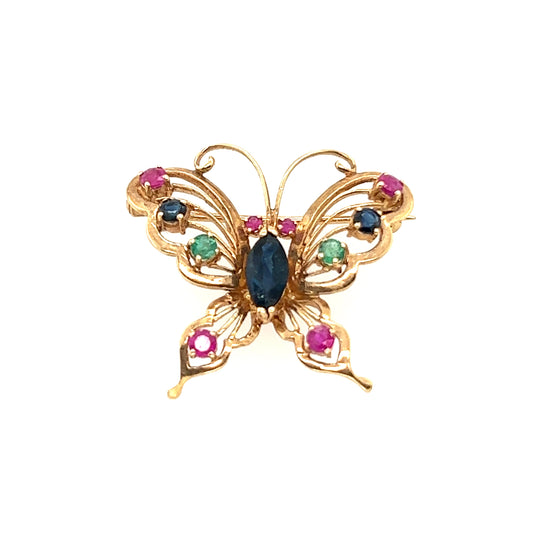 14K Yellow Gold Butterfly Brooch,designed with 3 different Stone Ruby,Sapphire, Emerald.