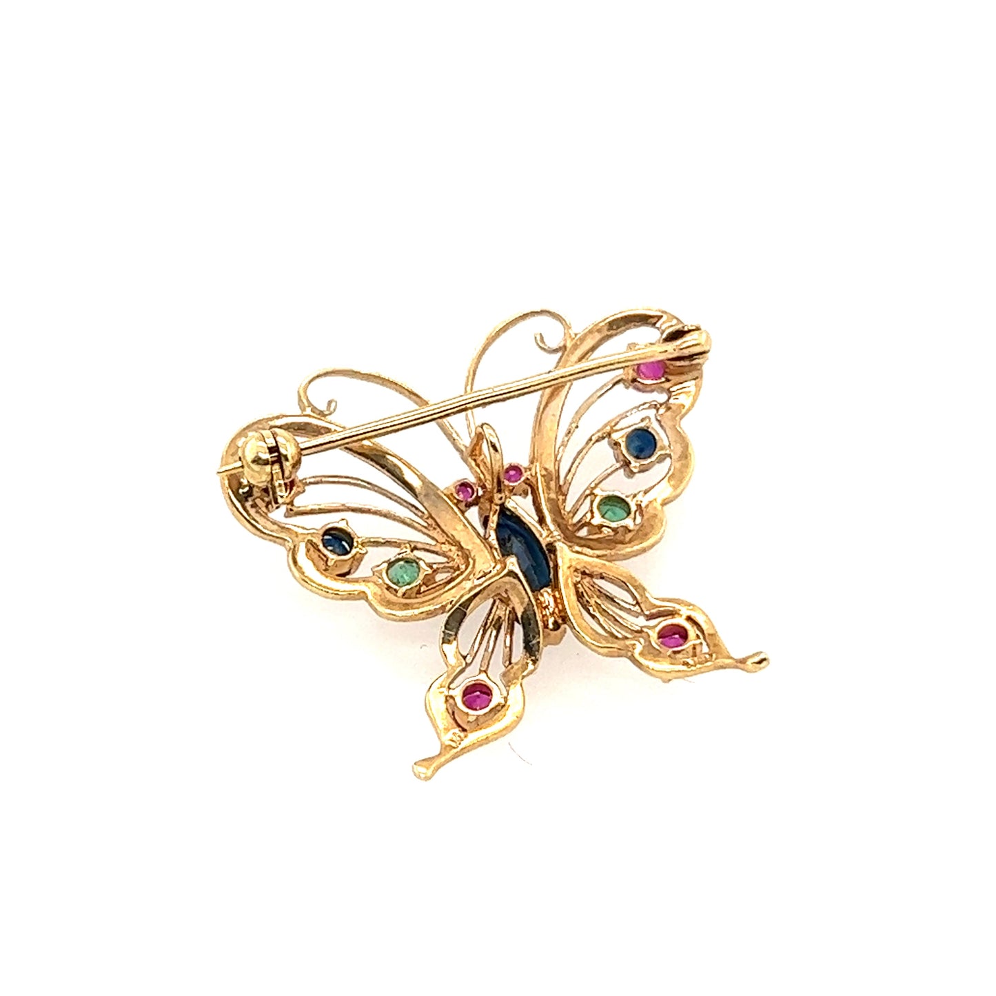 14K Yellow Gold Butterfly Brooch,designed with 3 different Stone Ruby,Sapphire, Emerald.