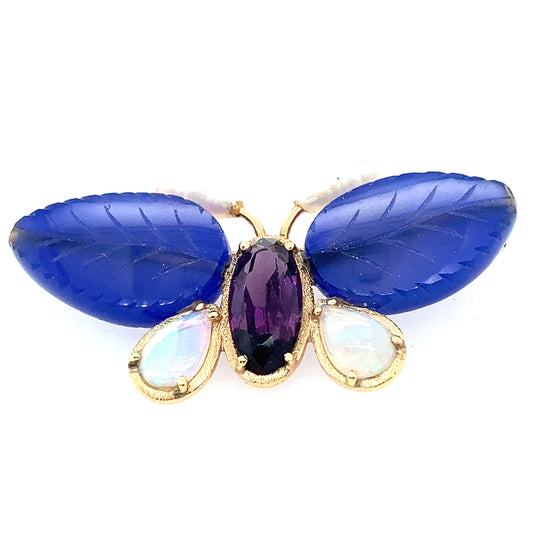 14K Yellow Gold Multi-Stone Butterfly Brooch. Elegant combination is lapis,  fire opal, amethyst, pearls gems stone together.