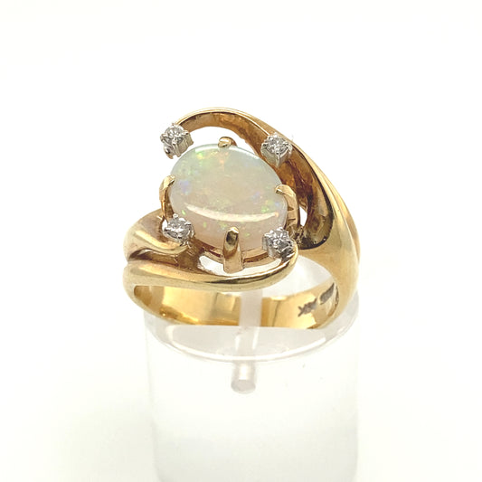 14K Yellow Gold Diamond White Opal Ring