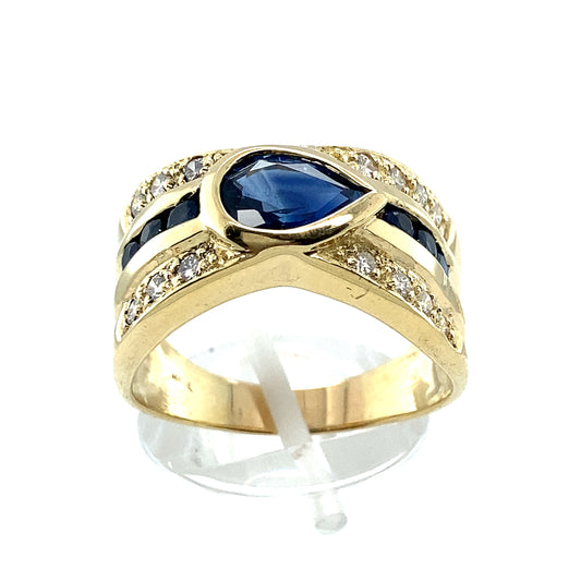 14K Yellow Gold Diamond Blue Sapphire Ring