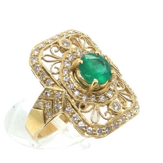 18 K Yellow Gold Emerald & Diamonds - Deco Ladies Ring