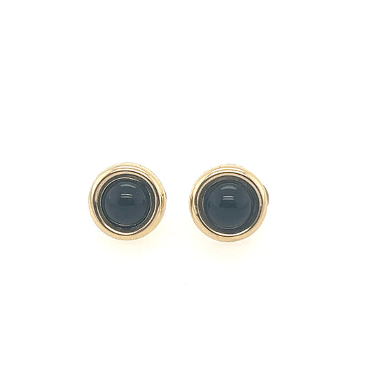 14K Yellow Gold Onyx Round black Earring.