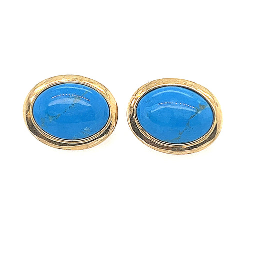 14K Yellow Gold Turquoise Oval Earrings