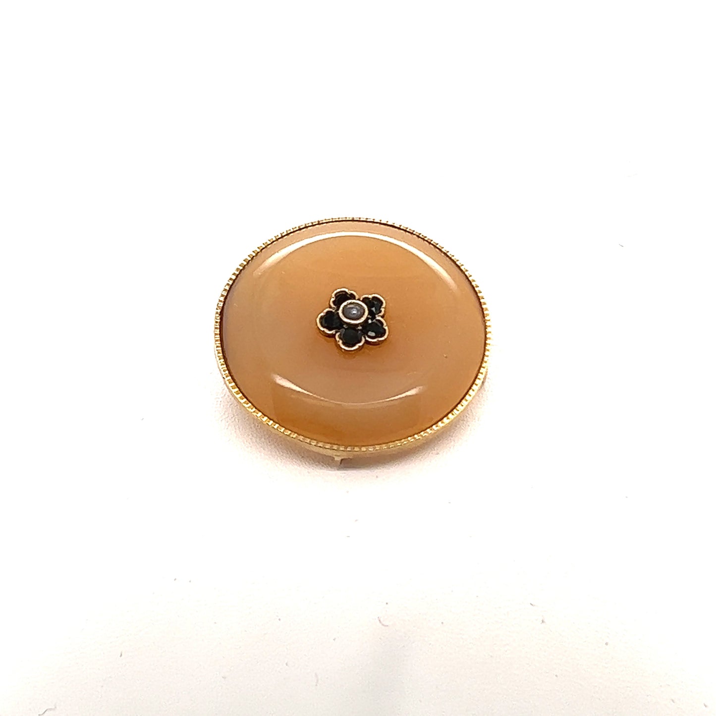 14K Yellow Gold Jade Onyx Round Brooch from 1,800’s.