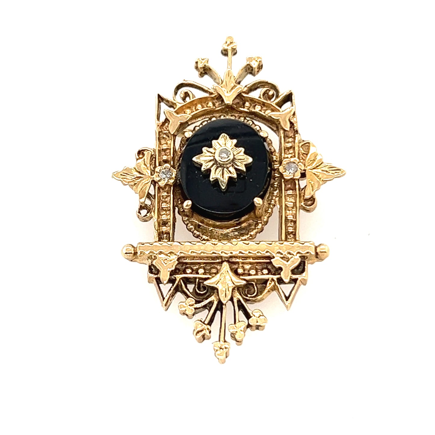 14K Yellow Gold Onyx Diamond Antique Brooch from 1850s’.