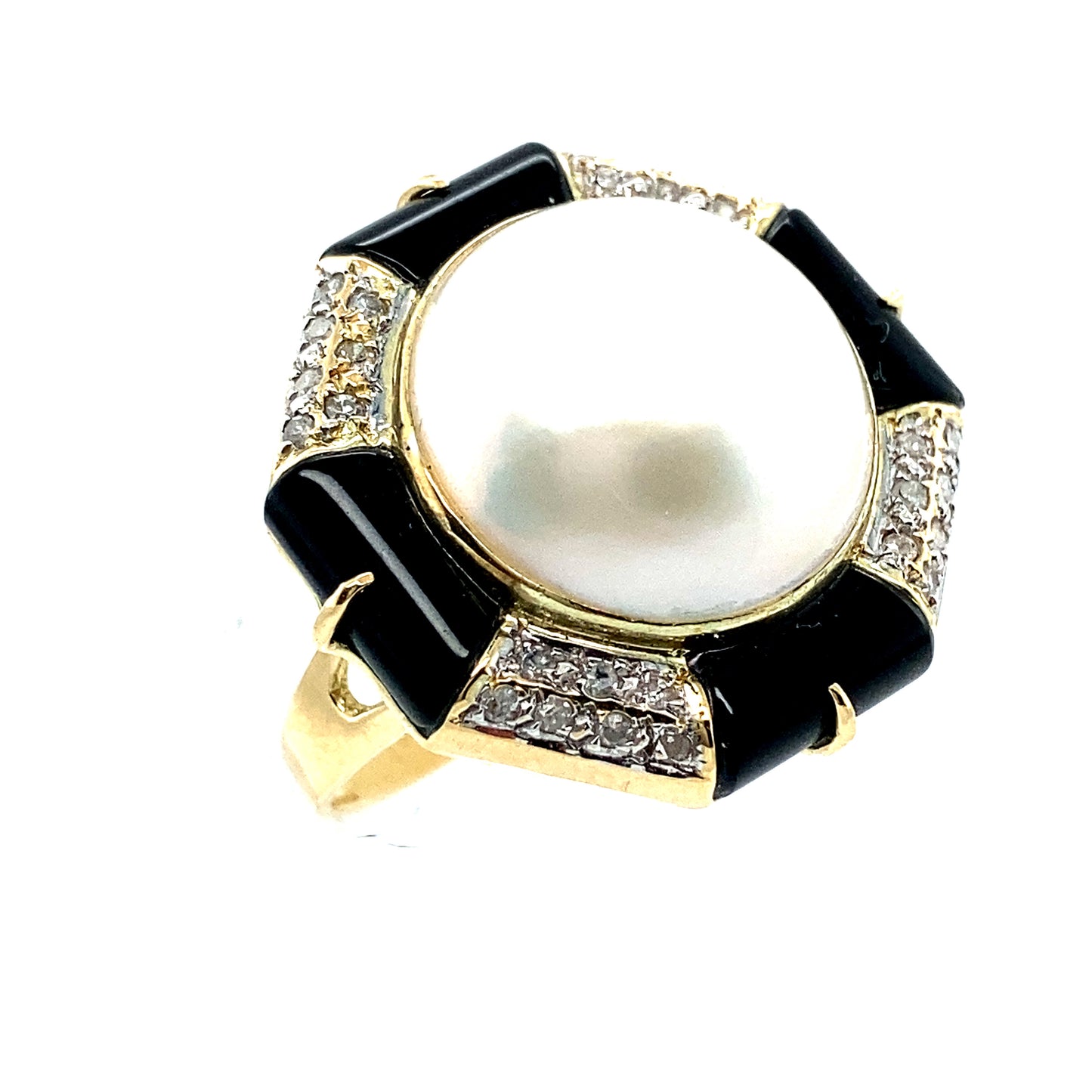 14K Yellow Gold Mabé Pearl/Onyx/Diamond Ring