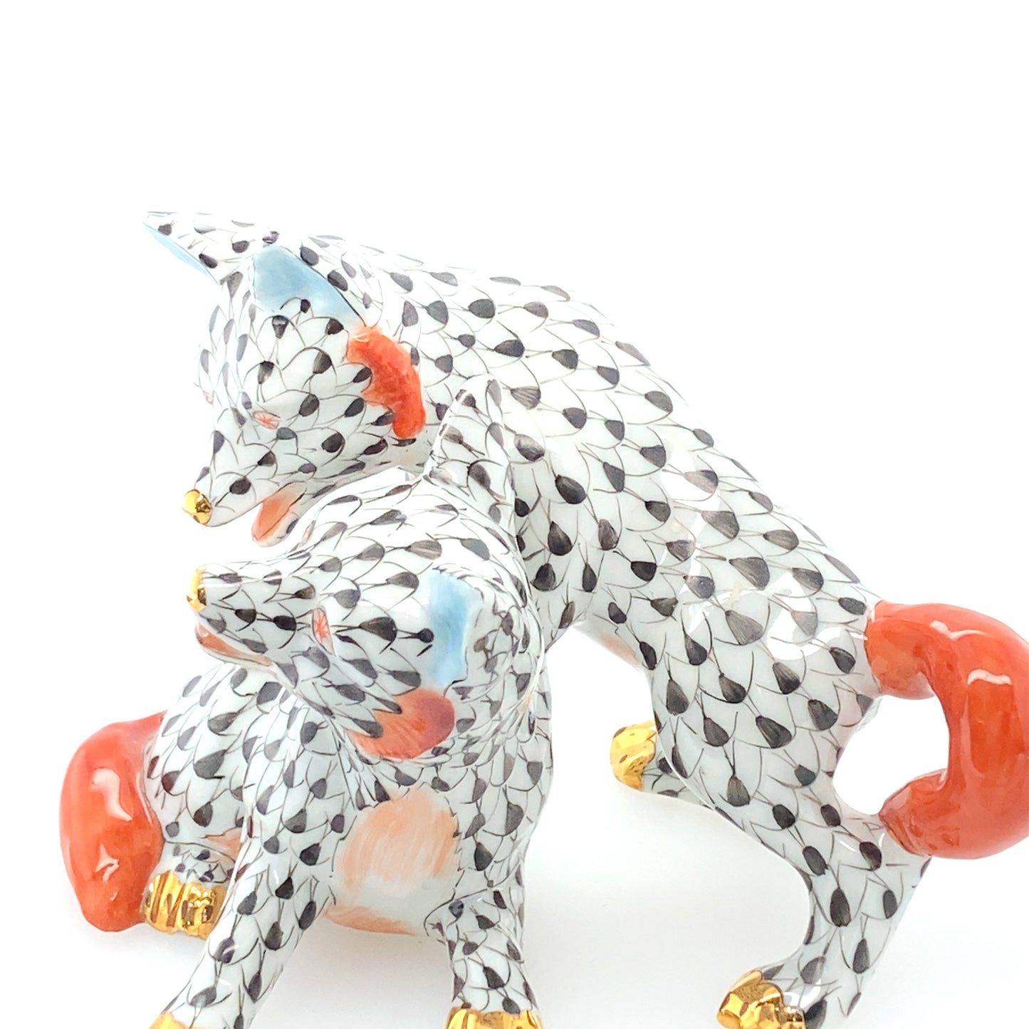 HEREND figurine From Hungary.    - Two FOX hand painted porcelain design with gold.